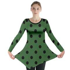 Large Black Polka Dots On Basil Green - Long Sleeve Tunic 