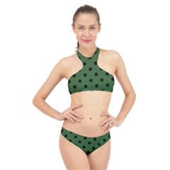 Large Black Polka Dots On Basil Green - High Neck Bikini Set by FashionLane