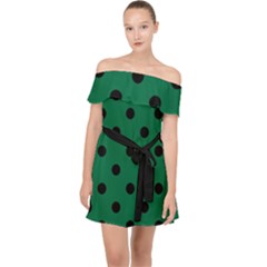 Large Black Polka Dots On Cadmium Green - Off Shoulder Chiffon Dress by FashionLane