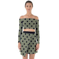 Large Black Polka Dots On Calliste Green - Off Shoulder Top With Skirt Set by FashionLane