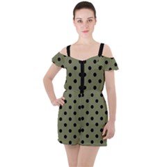 Large Black Polka Dots On Calliste Green - Ruffle Cut Out Chiffon Playsuit by FashionLane