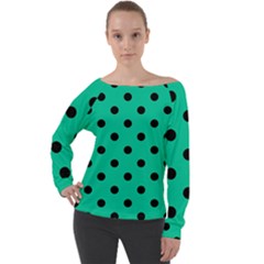 Large Black Polka Dots On Caribbean Green - Off Shoulder Long Sleeve Velour Top by FashionLane