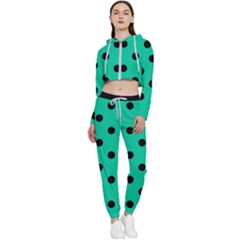 Large Black Polka Dots On Caribbean Green - Cropped Zip Up Lounge Set by FashionLane