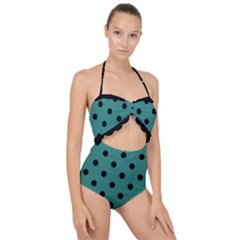 Large Black Polka Dots On Celadon Green - Scallop Top Cut Out Swimsuit