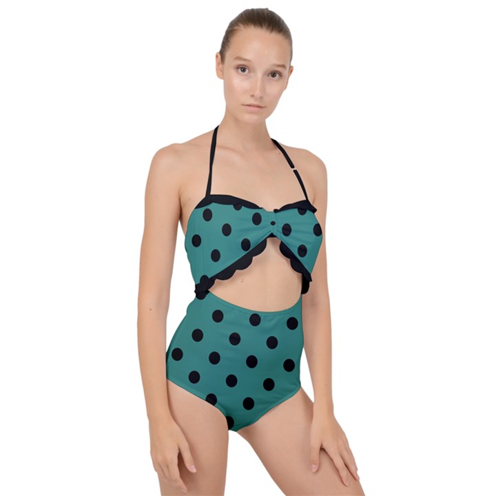 Large Black Polka Dots On Celadon Green - Scallop Top Cut Out Swimsuit