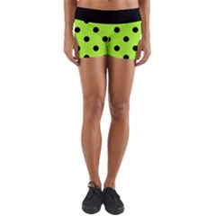 Large Black Polka Dots On Chartreuse Green - Yoga Shorts by FashionLane
