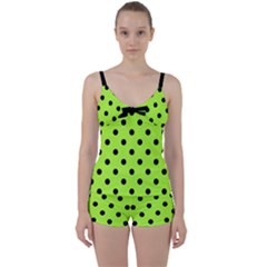 Large Black Polka Dots On Chartreuse Green - Tie Front Two Piece Tankini by FashionLane