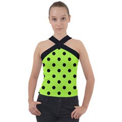 Large Black Polka Dots On Chartreuse Green - Cross Neck Velour Top by FashionLane