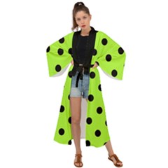 Large Black Polka Dots On Chartreuse Green - Maxi Kimono by FashionLane