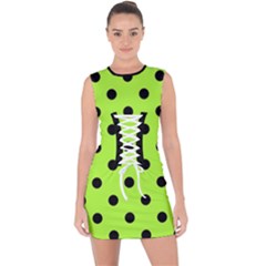 Large Black Polka Dots On Chartreuse Green - Lace Up Front Bodycon Dress by FashionLane