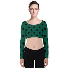 Large Black Polka Dots On Christmas Green - Velvet Long Sleeve Crop Top