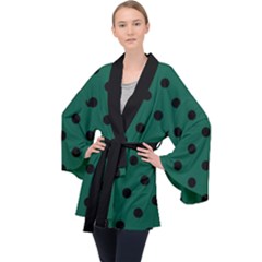 Large Black Polka Dots On Christmas Green - Long Sleeve Velvet Kimono  by FashionLane