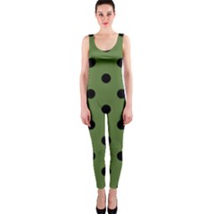 Large Black Polka Dots On Crocodile Green - One Piece Catsuit by FashionLane