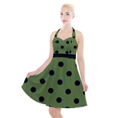 Large Black Polka Dots On Crocodile Green - Halter Party Swing Dress  by FashionLane