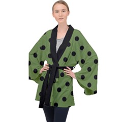 Large Black Polka Dots On Crocodile Green - Long Sleeve Velvet Kimono  by FashionLane