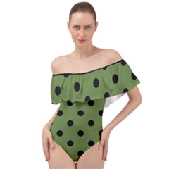 Large Black Polka Dots On Crocodile Green - Off Shoulder Velour Bodysuit  by FashionLane