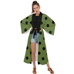 Large Black Polka Dots On Crocodile Green - Maxi Kimono by FashionLane