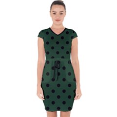 Large Black Polka Dots On Eden Green - Capsleeve Drawstring Dress 