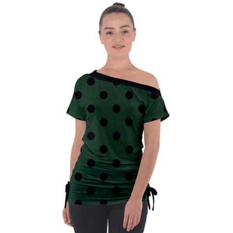 Large Black Polka Dots On Eden Green - Off Shoulder Tie-up Tee by FashionLane