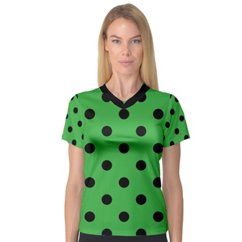 Large Black Polka Dots On Just Green - V-neck Sport Mesh Tee by FashionLane