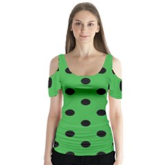 Large Black Polka Dots On Just Green - Butterfly Sleeve Cutout Tee 