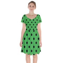 Large Black Polka Dots On Just Green - Short Sleeve Bardot Dress