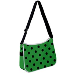 Large Black Polka Dots On Just Green - Zip Up Shoulder Bag by FashionLane