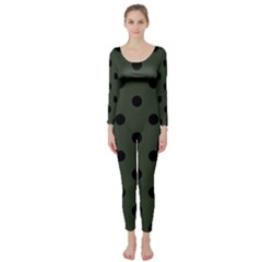 Large Black Polka Dots On Kombu Green - Long Sleeve Catsuit