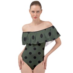 Large Black Polka Dots On Kombu Green - Off Shoulder Velour Bodysuit  by FashionLane