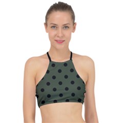 Large Black Polka Dots On Kombu Green - Racer Front Bikini Top by FashionLane