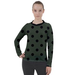 Large Black Polka Dots On Kombu Green - Women s Pique Long Sleeve Tee