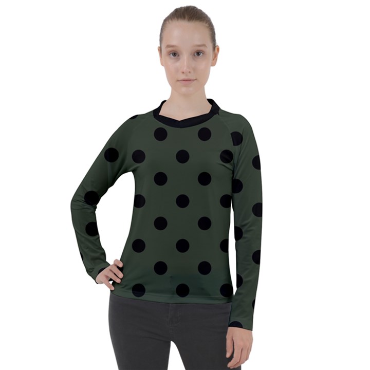 Large Black Polka Dots On Kombu Green - Women s Pique Long Sleeve Tee