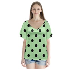 Large Black Polka Dots On Pale Green - V-neck Flutter Sleeve Top