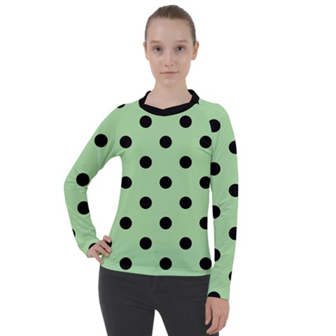 Large Black Polka Dots On Pale Green - Women s Pique Long Sleeve Tee by FashionLane
