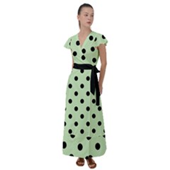 Large Black Polka Dots On Tea Green - Flutter Sleeve Maxi Dress by FashionLane