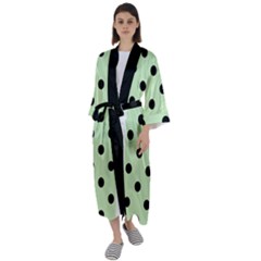 Large Black Polka Dots On Tea Green - Maxi Satin Kimono by FashionLane