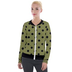 Large Black Polka Dots On Woodbine Green - Velvet Zip Up Jacket by FashionLane