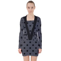 Large Black Polka Dots On Anchor Grey - V-neck Bodycon Long Sleeve Dress