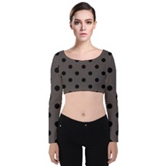 Large Black Polka Dots On Ash Grey - Velvet Long Sleeve Crop Top by FashionLane