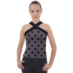 Large Black Polka Dots On Ash Grey - Cross Neck Velour Top by FashionLane