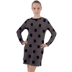 Large Black Polka Dots On Ash Grey - Long Sleeve Hoodie Dress