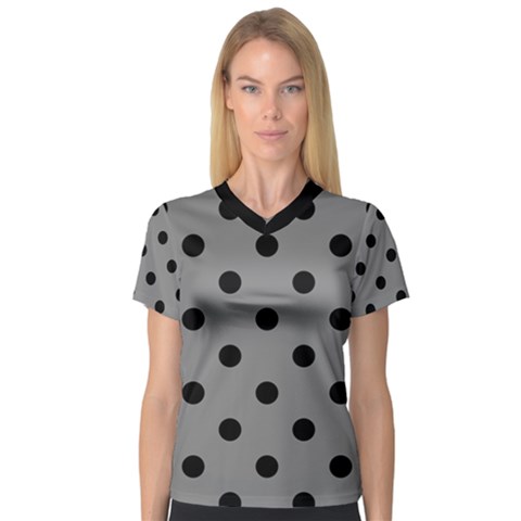 Large Black Polka Dots On Battleship Grey - V-neck Sport Mesh Tee by FashionLane