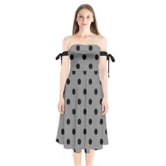 Large Black Polka Dots On Battleship Grey - Shoulder Tie Bardot Midi Dress by FashionLane