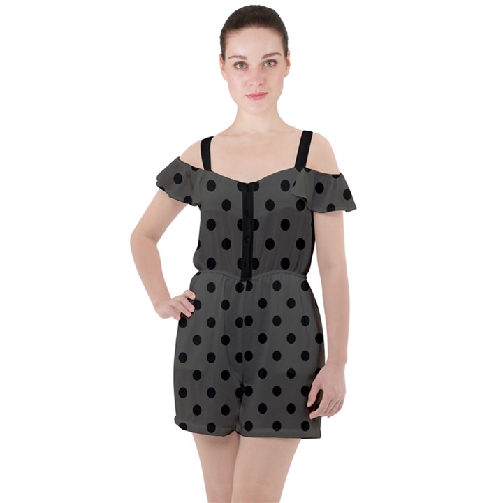 Large Black Polka Dots On Beluga Grey - Ruffle Cut Out Chiffon Playsuit