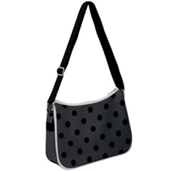 Large Black Polka Dots On Beluga Grey - Zip Up Shoulder Bag by FashionLane