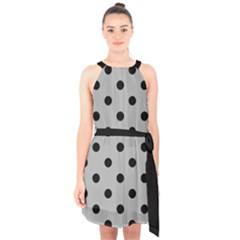 Large Black Polka Dots On Chalice Silver Grey - Halter Collar Waist Tie Chiffon Dress