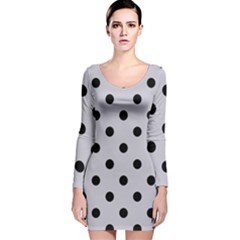 Large Black Polka Dots On Cloudy Grey - Long Sleeve Velvet Bodycon Dress