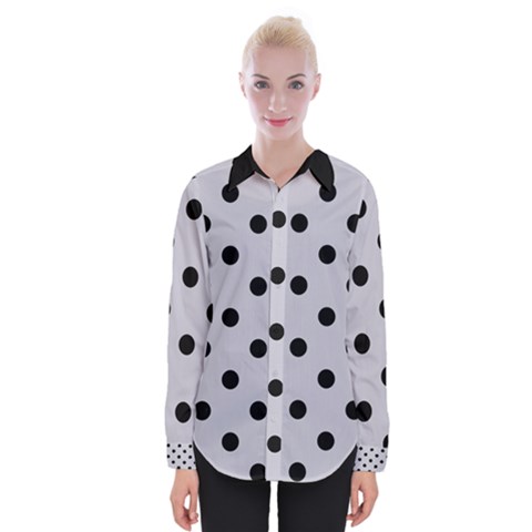 Large Black Polka Dots On Cloudy Grey - Womens Long Sleeve Shirt by FashionLane