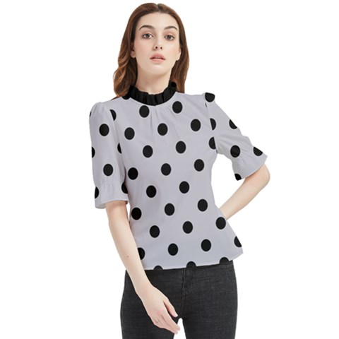 Large Black Polka Dots On Cloudy Grey - Frill Neck Blouse by FashionLane