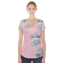 Palm Leaf On Pink Short Sleeve Front Detail Top by goljakoff